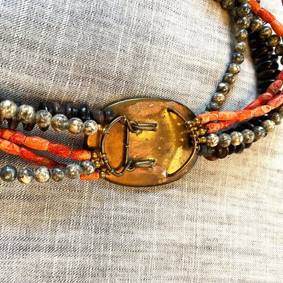 Red/Orange Oval Pendant and Multi-Layer Gemstone Beaded Choker - Picture 5 of 5